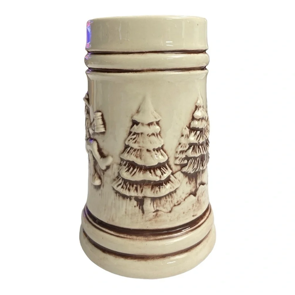 Vintage Ceramic Beer Mug Stein Brown Pine Tree And Cabin, No Chips Or Cracks
